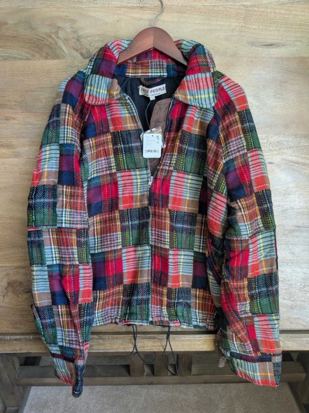 Free People Red Green Navy Plaid Patchwork Jacket